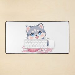 Husky playing yarn ball desk mat