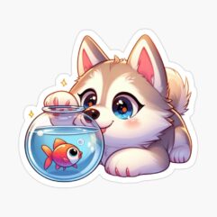 Husky watching gold fish glossy sticker