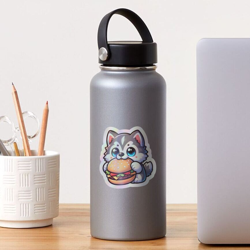 Husky eat big burger holographic sticker