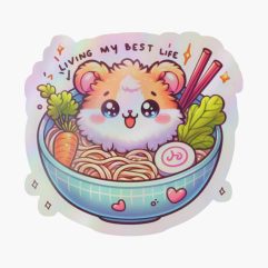 Living My Best Life Cute Hamster Ramen holographic sticker