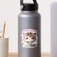 Morning Survivor Cute Coffee Cat Glossy Sticker